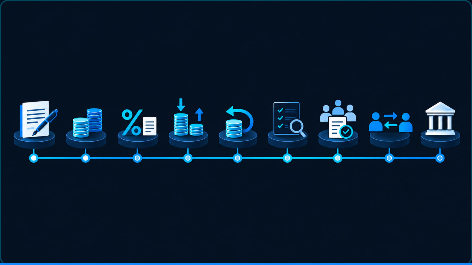 A single horizontal record track connects pictograms for execution, disbursement, servicing events, lender transfers and maturity.