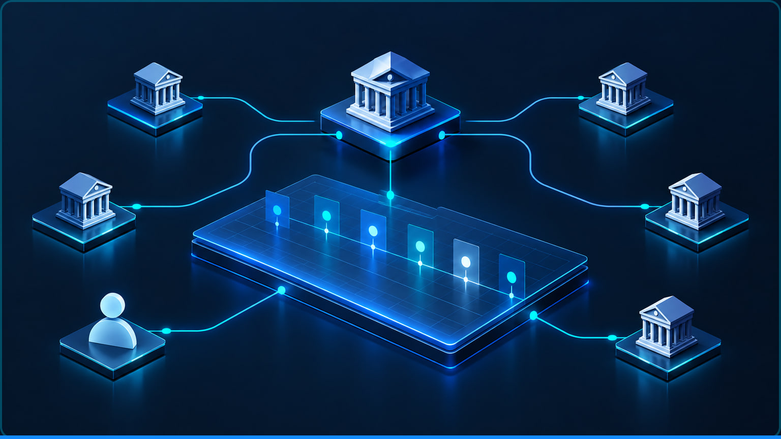 A central shared record connects the borrower and lending institutions through an agent-bank control point, with event markers visible on the record.